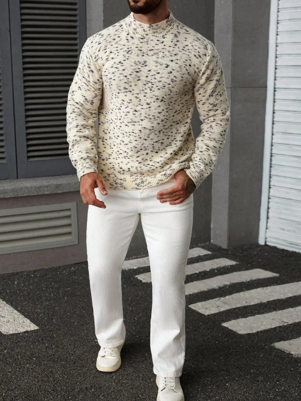 Multicolor Men's Stand Collar Rib-Knit Drop Sleeve Sweater